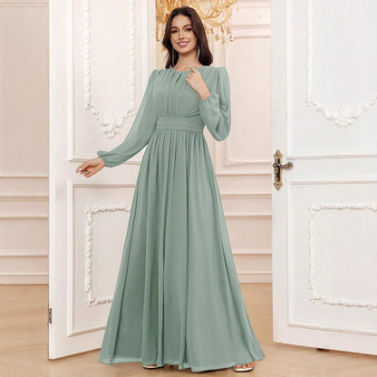 A-Line Pleated Maxi Dress with High Waist and Bishop Sleeves