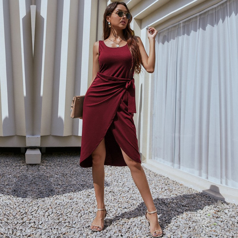 Sleeveless Midi Dress with Side Tie and Asymmetrical Hem