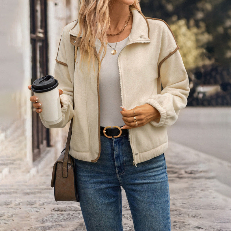 Cropped Fleece Jacket with Stand Collar and Color-Block Trim