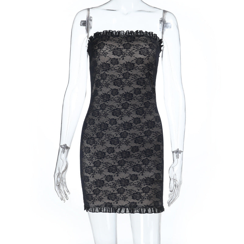 Off-Shoulder Lace Slim Tube Top With Mid-Length Hip Skirt Black