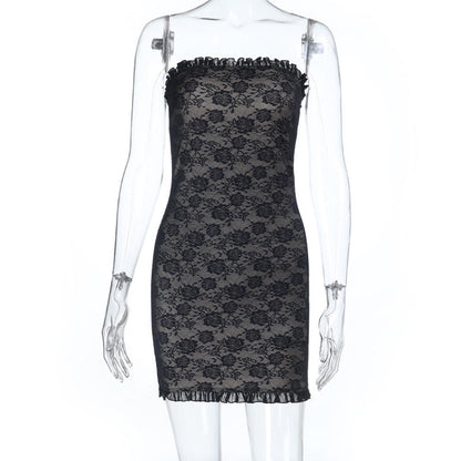 Off-Shoulder Lace Slim Tube Top With Mid-Length Hip Skirt Black