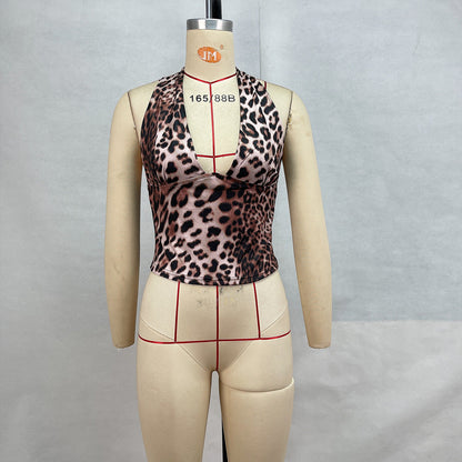 Leopard Print Backless Slim Fit Vest Sleevele