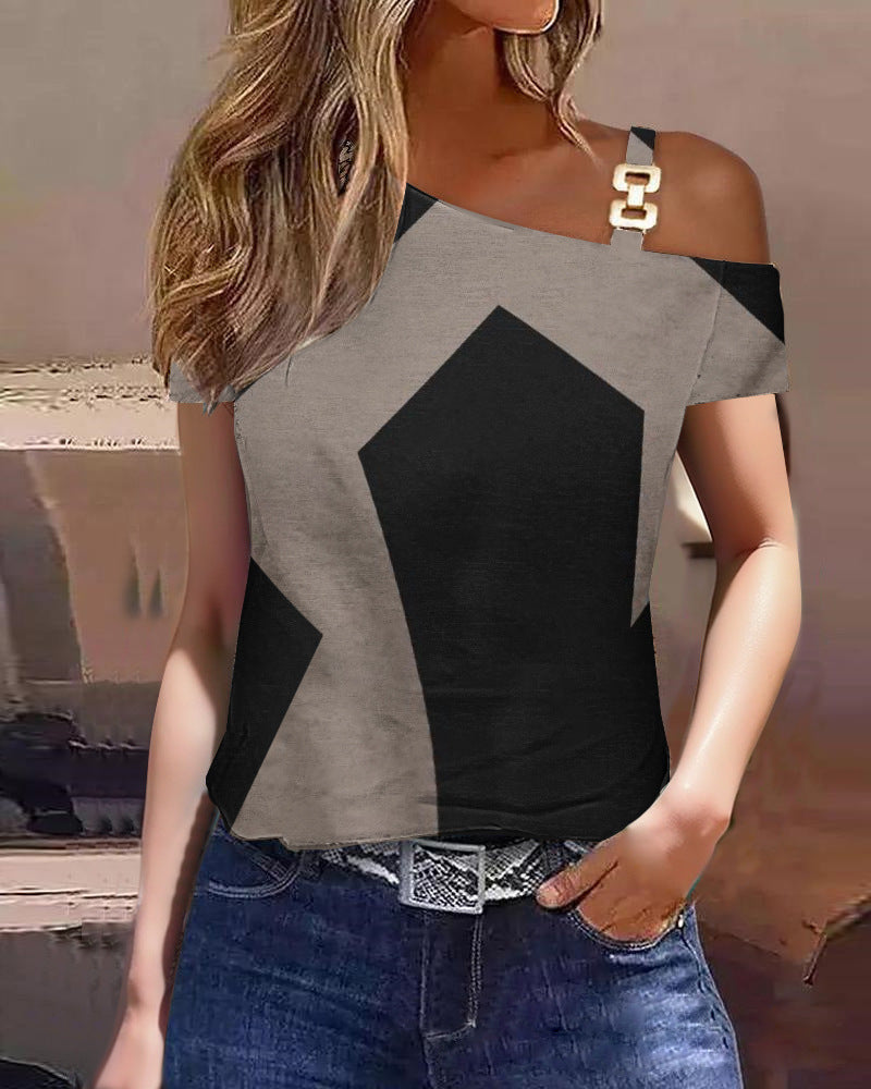 Geometric Print One-Shoulder Top with Metal Buckle