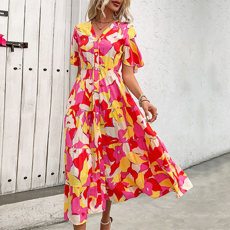 Abstract Print Tiered Midi Dress with V-Neck and Button Front