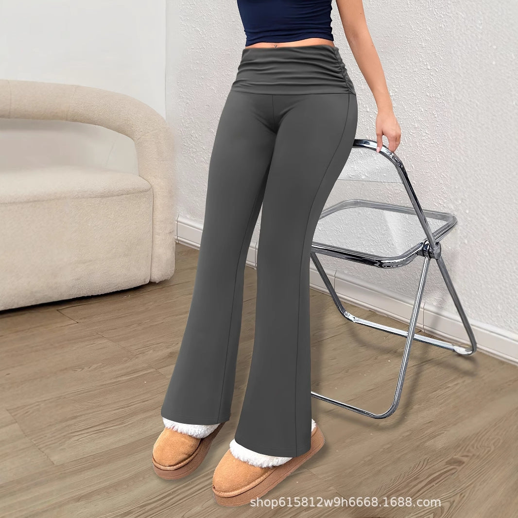 Flared Knit Trousers with Pleated High Waist
