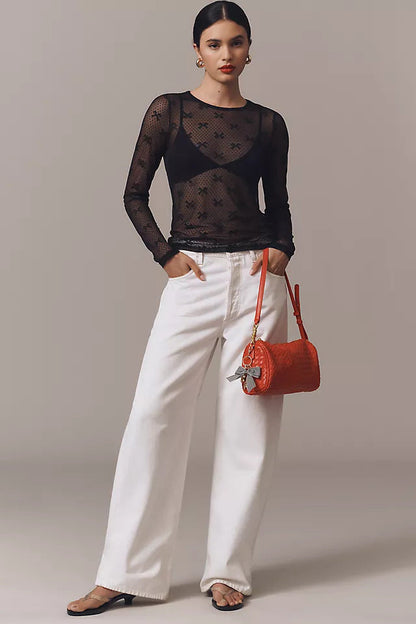 Slim Fit Bow Print Mesh Top with Round Neck