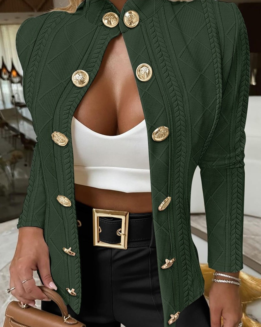 Textured Knit Jacket with Stand Collar and Gold Buttons