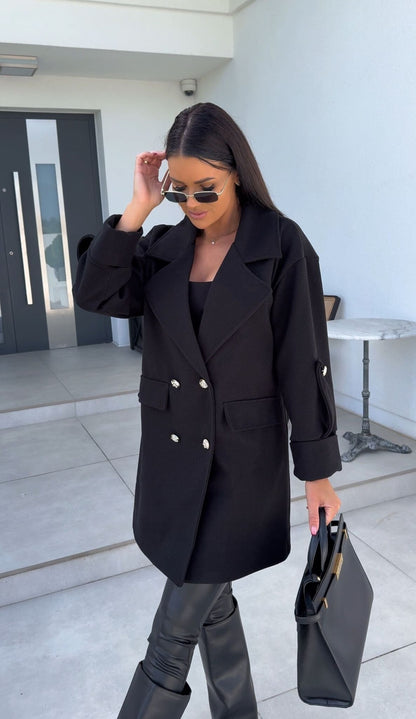 Mid-Length Double-Breasted Coat with Notched Lapel