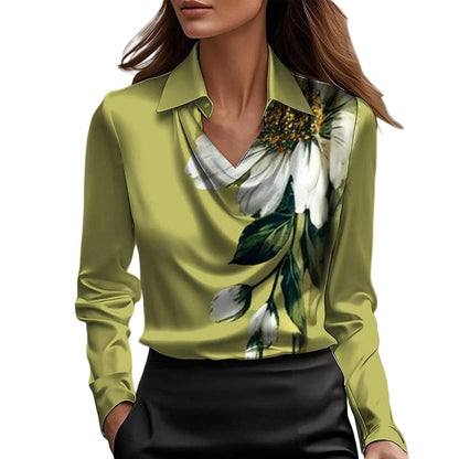 Solid Satin-Effect Blouse with Cowl Neck and Long Sleeves