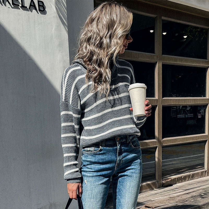 Oversized Striped Knit Sweater with Half-Zip Lapel