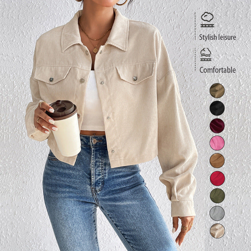Cropped Corduroy Jacket with Button Front and Chest Pockets