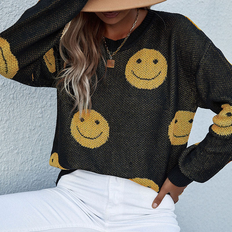 Loose Smiley Face Knit Sweater with Crewneck