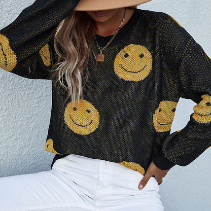 Loose Smiley Face Knit Sweater with Crewneck