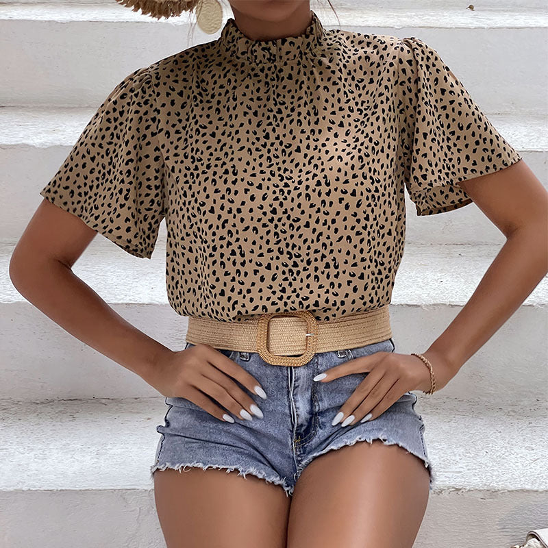 Leopard Print Blouse with Ruffled Mock Neck and Short Sleeves