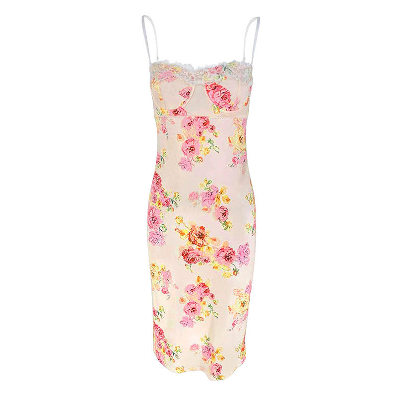 Floral Bodycon Midi Dress with Lace Trim and Spaghetti Straps