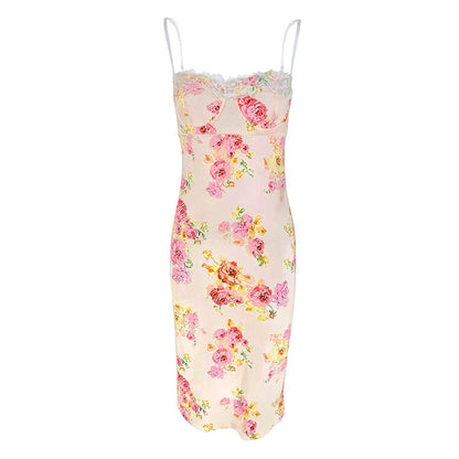 Floral Bodycon Midi Dress with Lace Trim and Spaghetti Straps