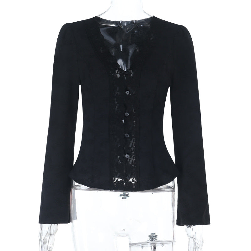 Cropped V-Neck Cardigan with Lace Trim and Flared Sleeves