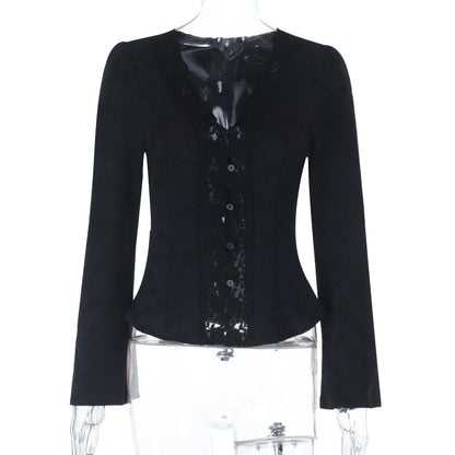 Cropped V-Neck Cardigan with Lace Trim and Flared Sleeves