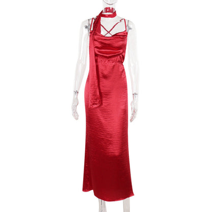 Bodycon Satin Maxi Dress with Cowl Neck and Scarf Detail