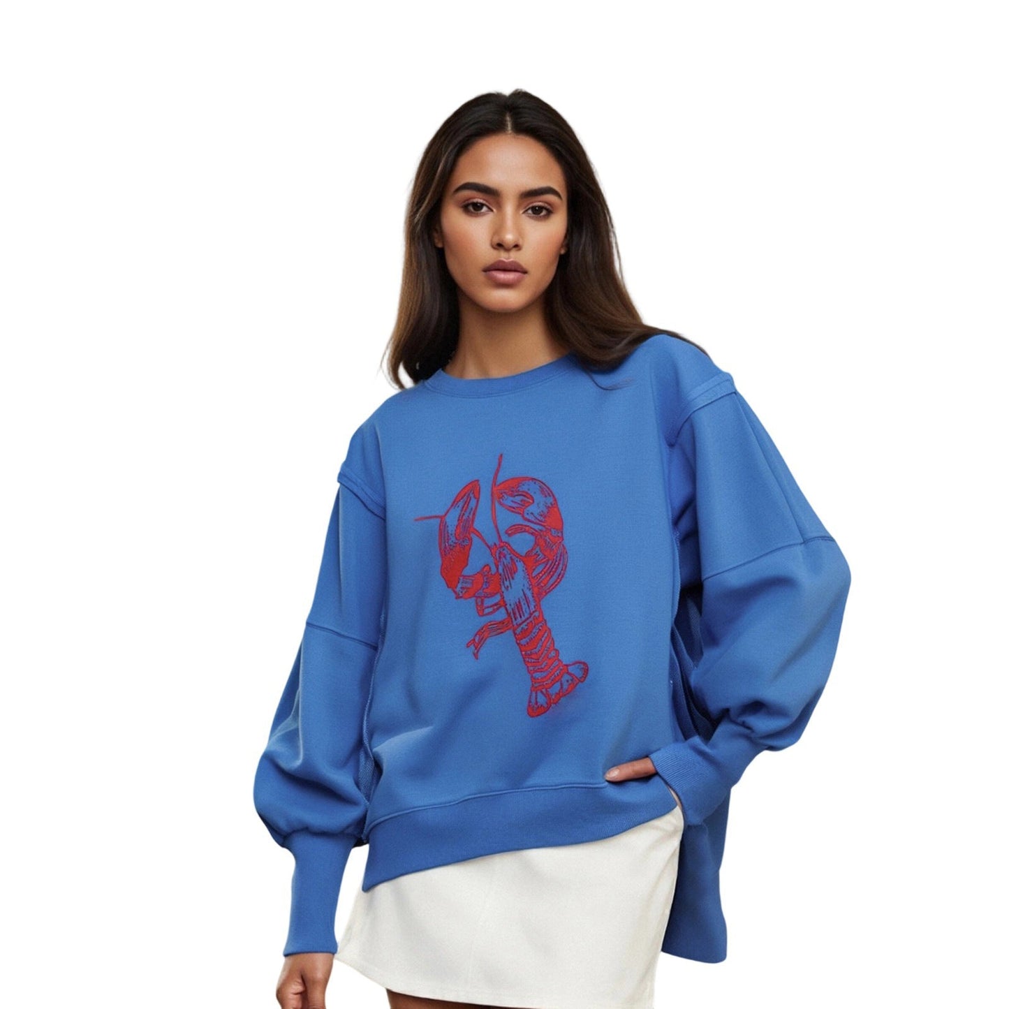 Loose Fit Graphic Pullover Sweatshirt with Balloon Sleeves