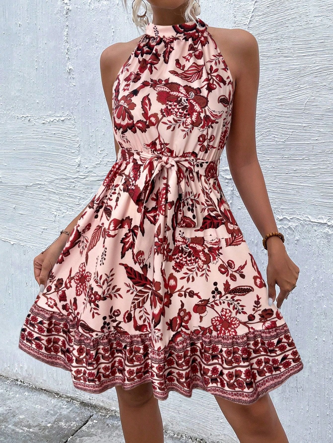 A-Line Floral Print Halter Dress with Tie Waist