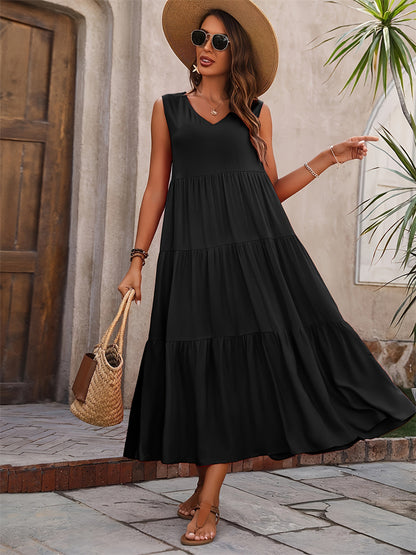 Solid Color Tiered Maxi Dress with V-Neck