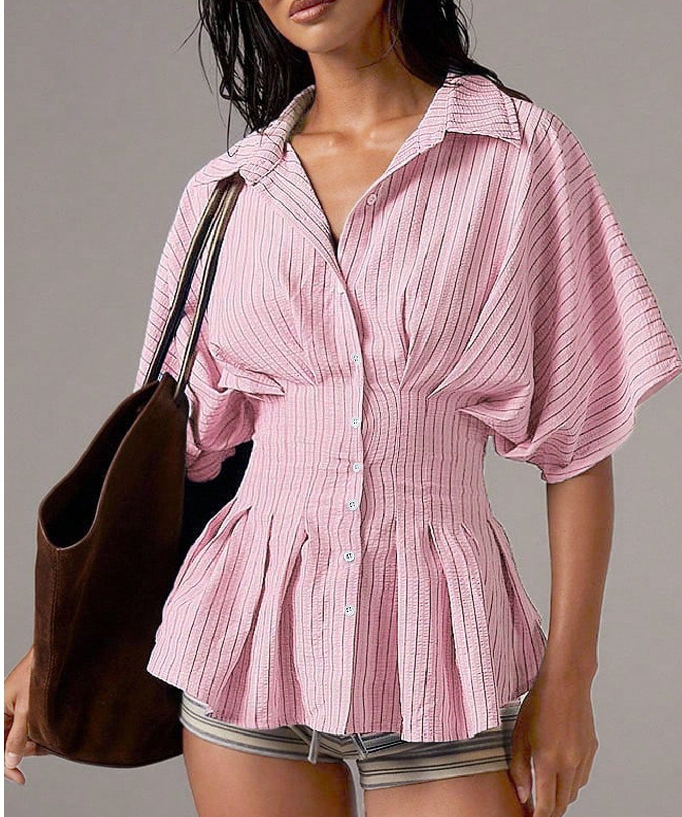 Striped Peplum Button-Down Shirt with Dolman Sleeves