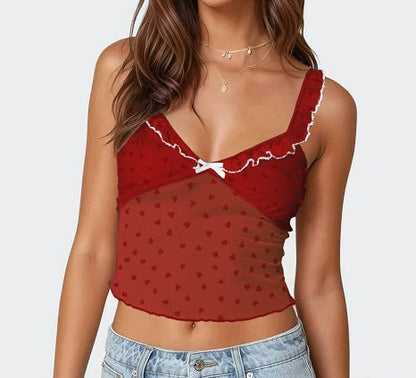 Cropped Heart Mesh Camisole with Lace Trim and Bow Detail