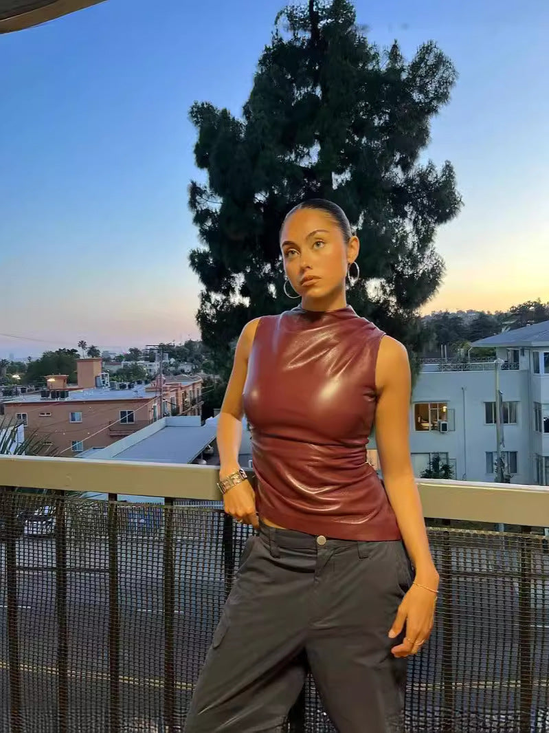 Sleeveless Top with PU Leather and Mock Neck
