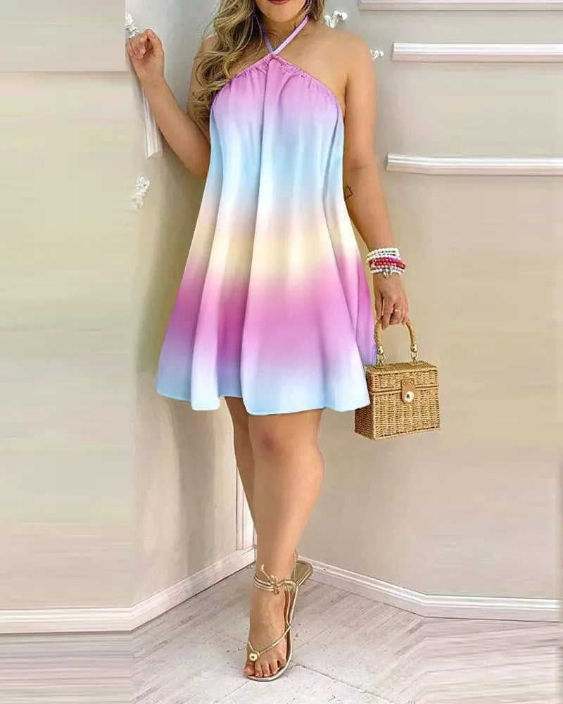 Geometric Print A-Line Mini Dress with Halter Neck