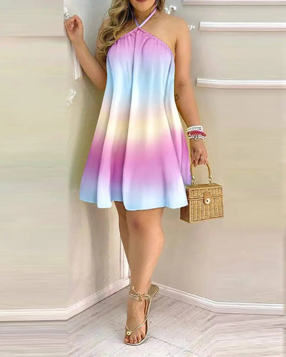 Geometric Print A-Line Mini Dress with Halter Neck