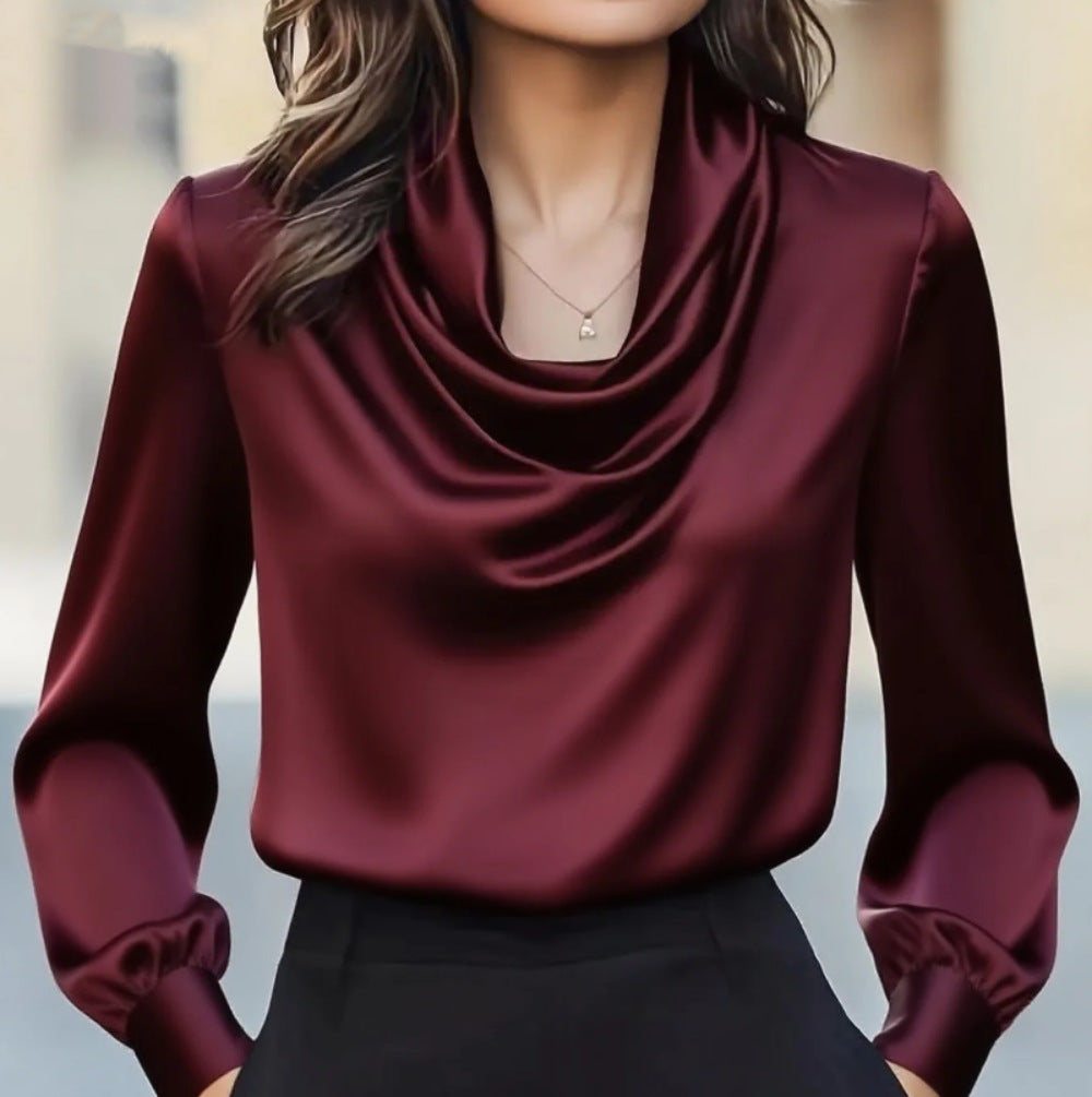 Solid Swing Collar Blouse with Long Sleeves and Satin Finish