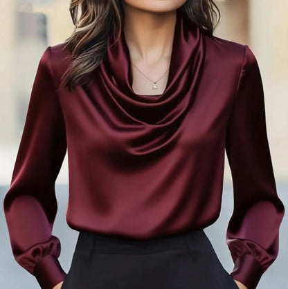Solid Swing Collar Blouse with Long Sleeves and Satin Finish