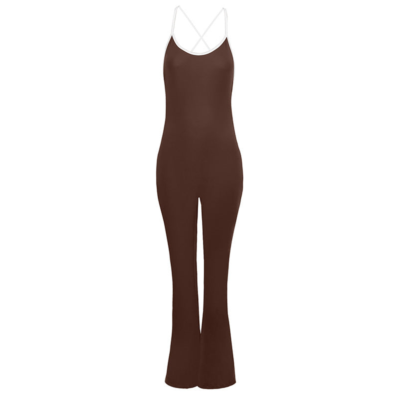 Bodycon Flared Jumpsuit with Backless Detail and Contrast Trim