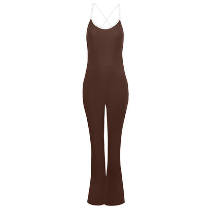 Bodycon Flared Jumpsuit with Backless Detail and Contrast Trim