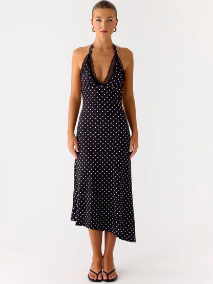 Polka Dot Halter Midi Dress with Lace Trim and Asymmetrical Hem