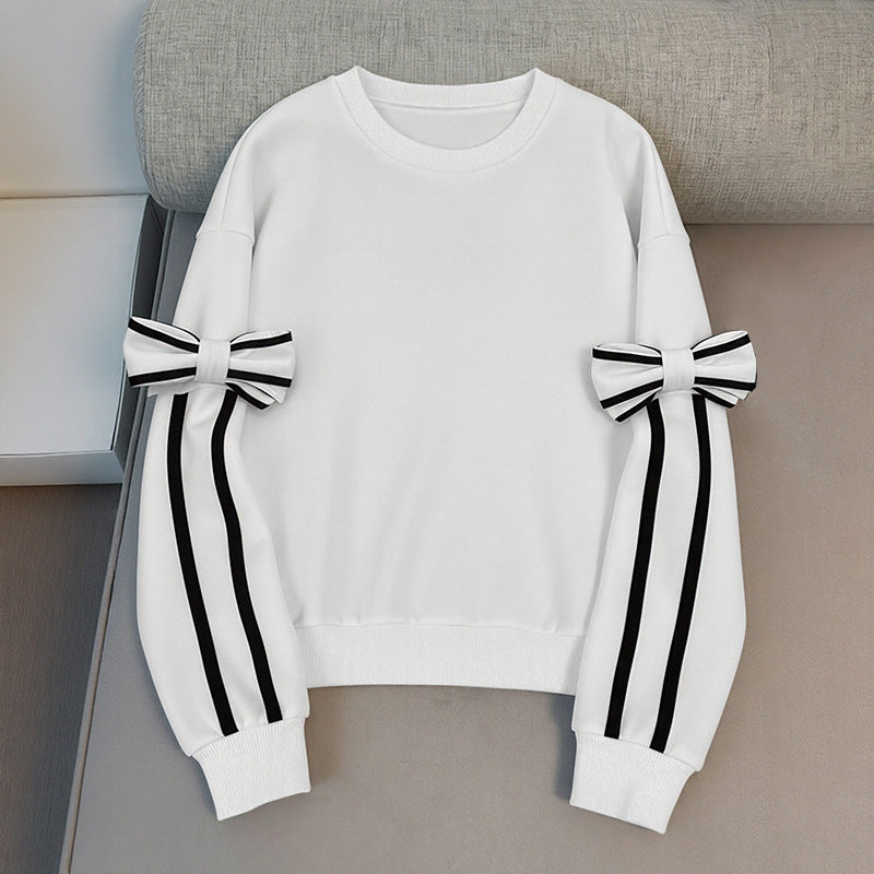 Bow Tie Sweatshirt with Contrast Stripe Sleeves