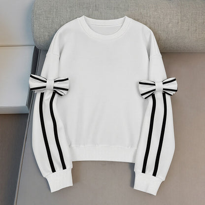 Bow Tie Sweatshirt with Contrast Stripe Sleeves