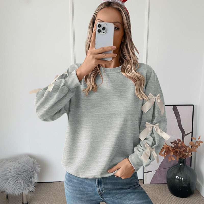 Loose Fit Solid Sweatshirt with Bow Detail Lantern Sleeves