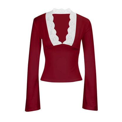 Slim Fit Long Sleeve Top with Deep V-Neck and Lace Trim