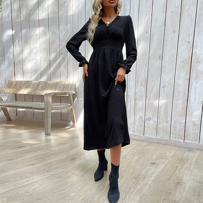 Dotted A-Line Midi Dress with V-Neck and Button Front