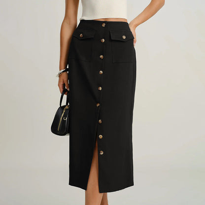 Straight Midi Skirt with Button-Front and Flap Pockets