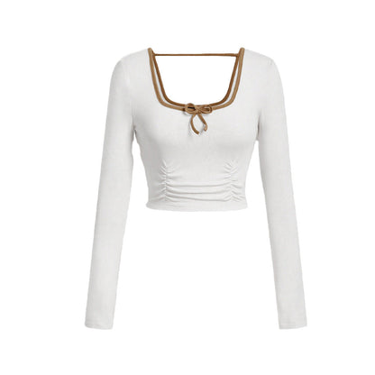Ruched Long Sleeve Crop Top with Square Neck and Bow Detail