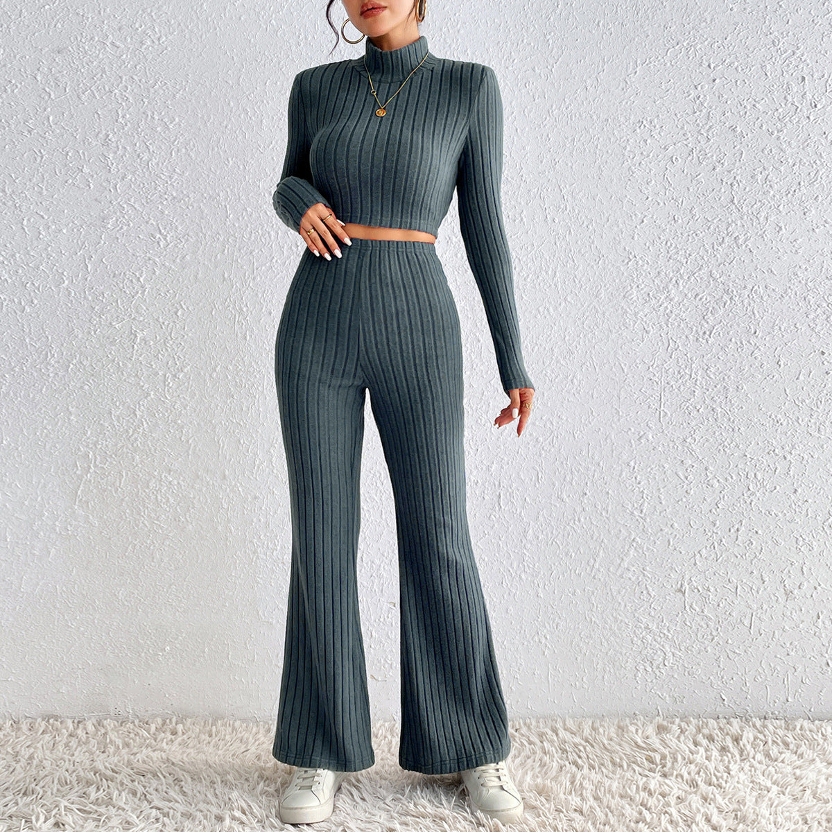 Ribbed Knit Two-Piece Set with Turtleneck and Wide-Leg Pants