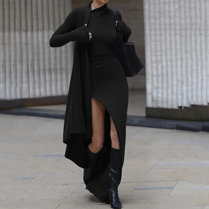 Bodycon Knit Maxi Dress with High Slit and Half Turtleneck