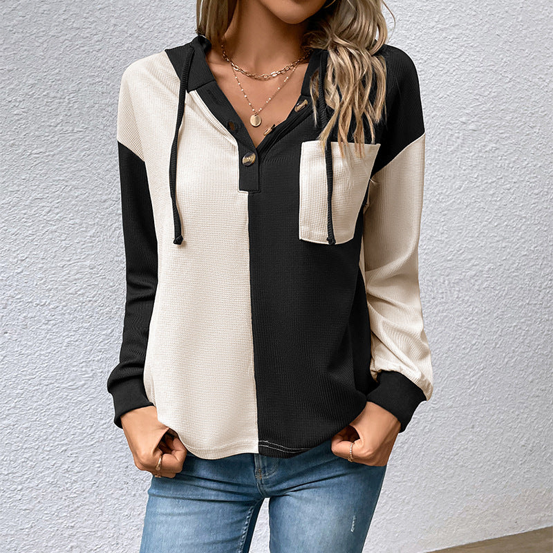Color-Block Hooded Pullover with Henley Neck and Patch Pocket