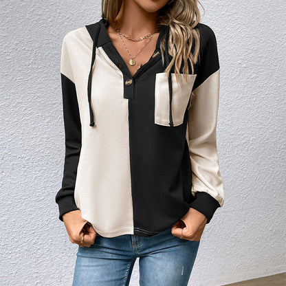 Color-Block Hooded Pullover with Henley Neck and Patch Pocket