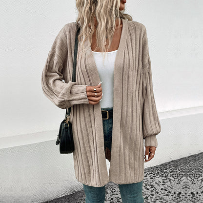Solid Long Ribbed Cardigan with Lantern Sleeves