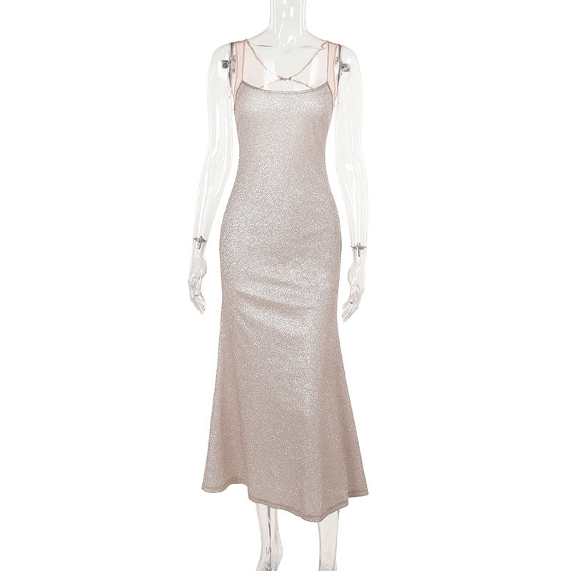 Sequined Sheath Maxi Dress with Scoop Neck and Thin Straps
