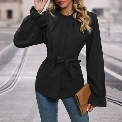 Long-Sleeve Blouse with Ruffle Collar and Tie-Waist